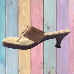 Chinese Laundry Camel Brown Tan Wood Heel Slip On Fringe Sandals New